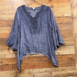 Spense Relaxed Embroidered V-Neck Tunic - Blue Size XL